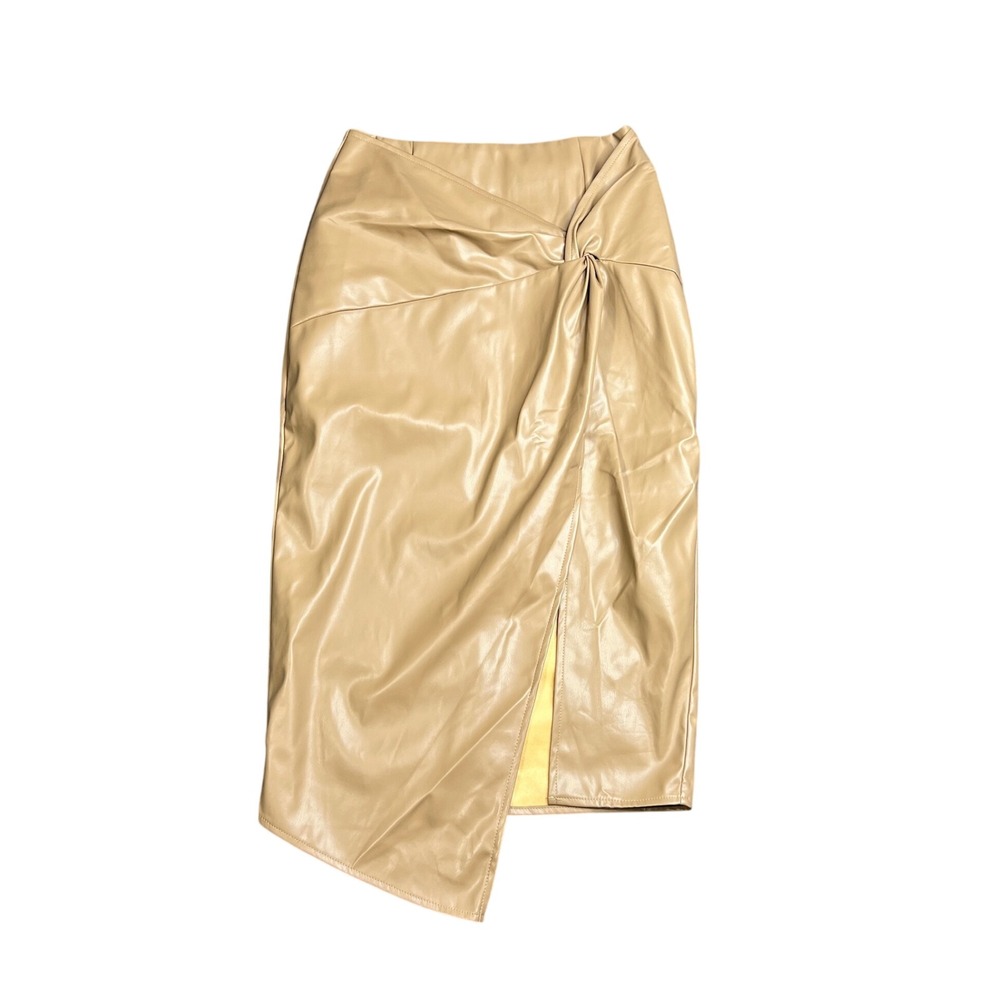 VICI Women's Small Like Wow Faux Leather Twisted Midi Skirt‎ Tan Side Slit